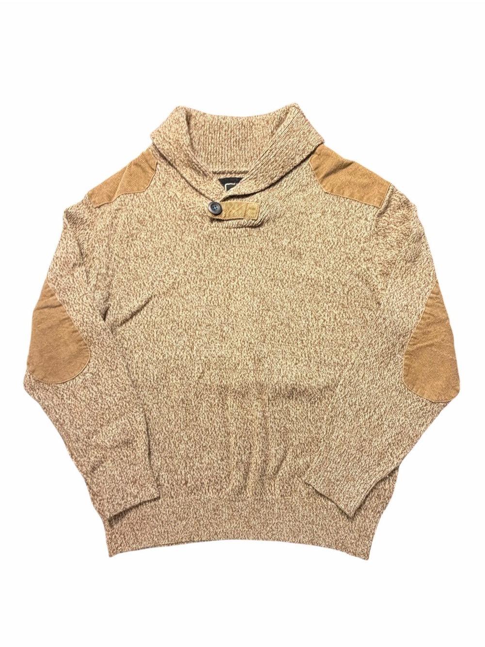 Men’s Sweater Tan Wool Blend Elbow Patch Corduroy Shoulders Size XL Shawl Collar